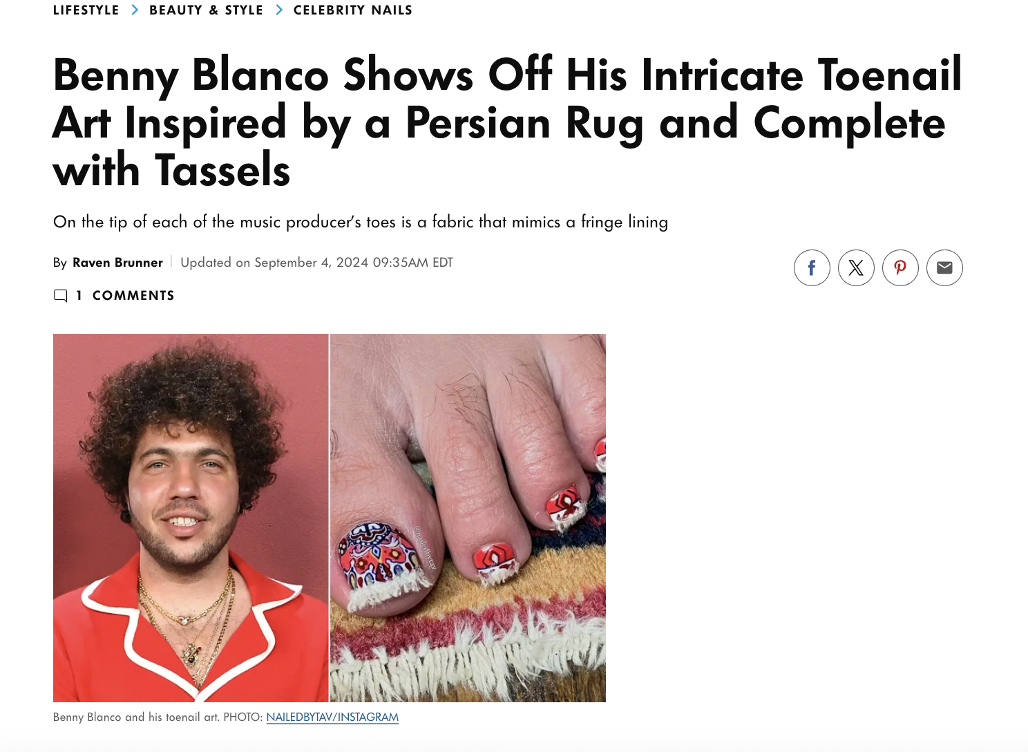 poster - Lifestyle > Beauty & Style > Celebrity Nails Benny Blanco Shows Off His Intricate Toenail Art Inspired by a Persian Rug and Complete with Tassels On the tip of each of the music producer's toes is a fabric that mimics a fringe lining By Raven Bru